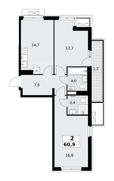 2-комн. 60.9 м²