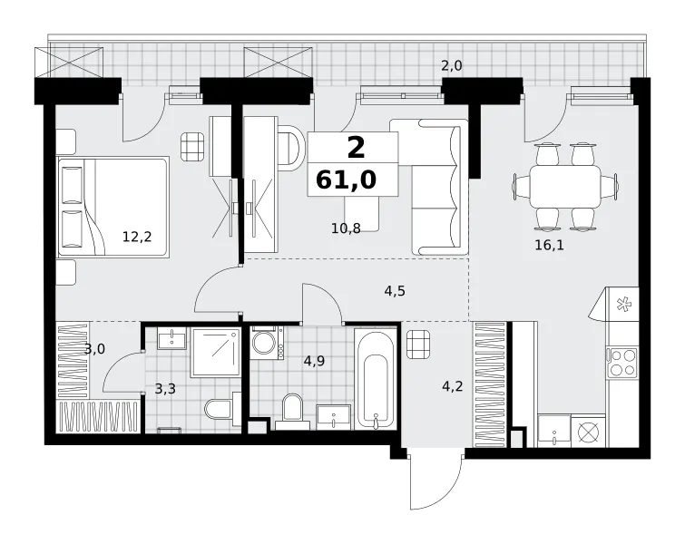2-комн. 61 м²