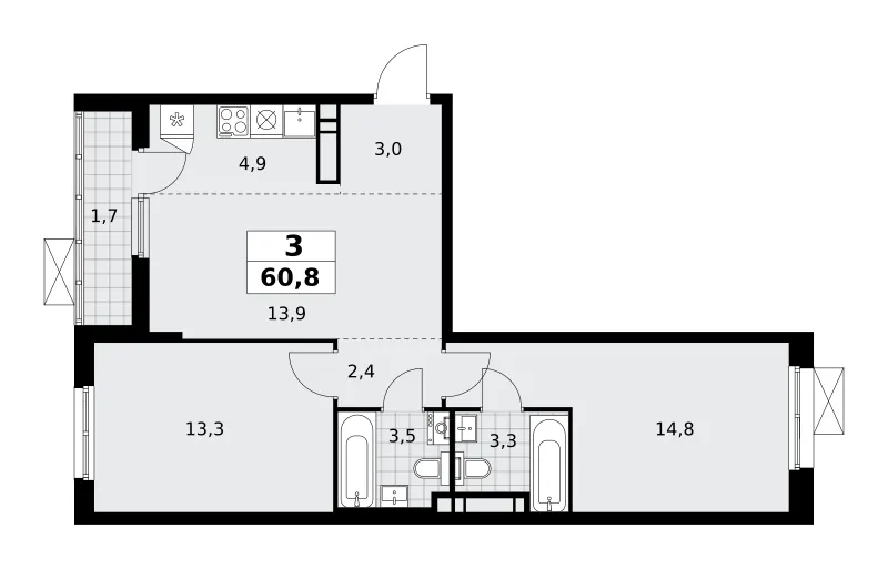 3-комн. 60.8 м²