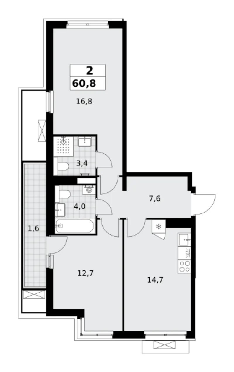 2-комн. 60.8 м²