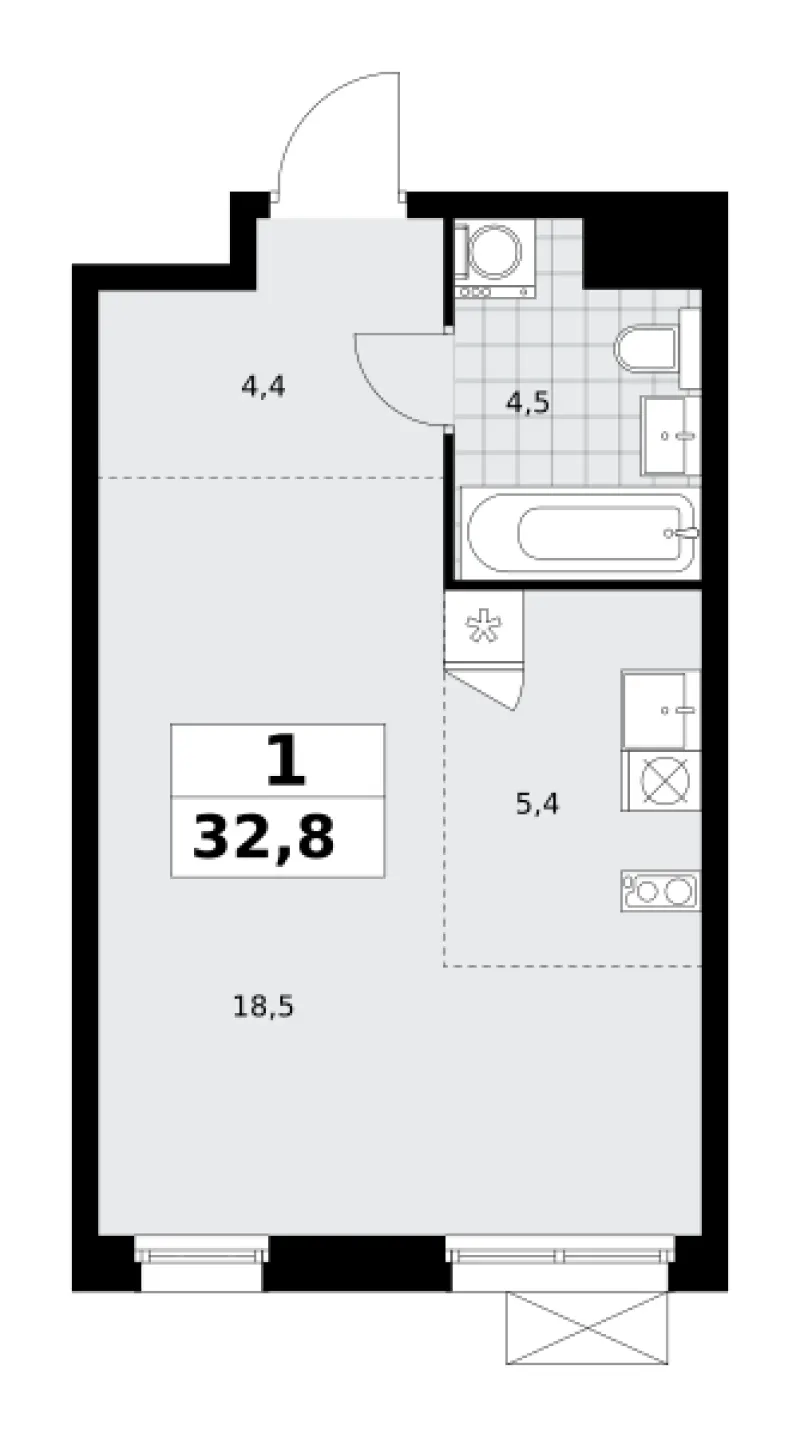 Студия 32.8 м²