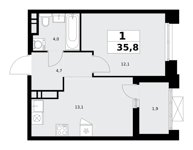 1-комн. 35.8 м²