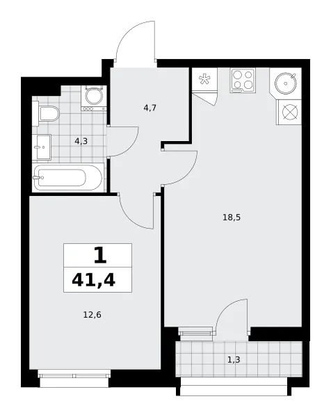 1-комн. 41,4 м²