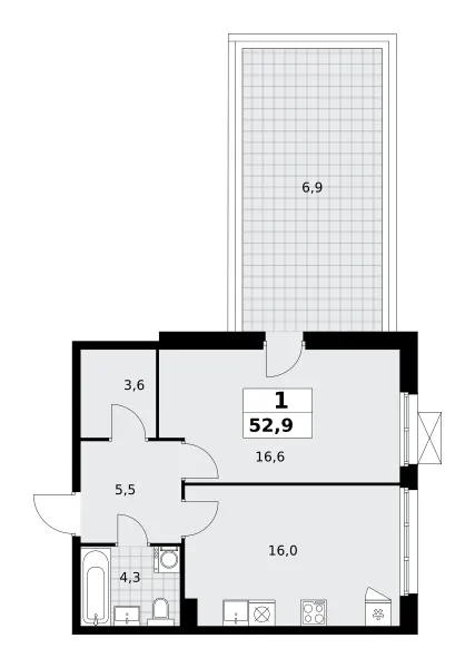 1-комн. 52.9 м²