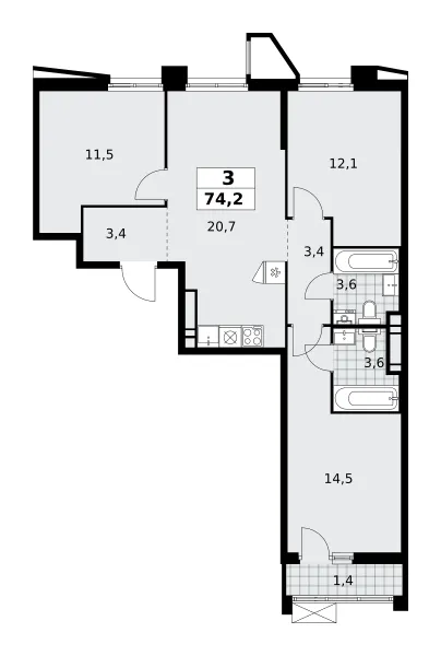 3-комн. 74.2 м²