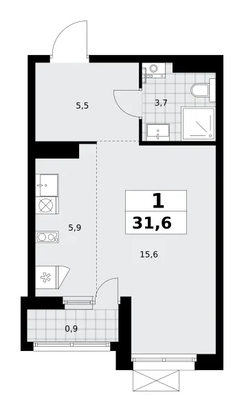 Студия 31.6 м²