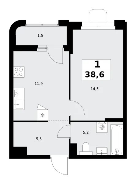 1-комн. 38.6 м²