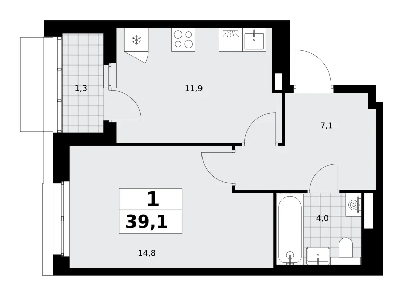 1-комн. 39.1 м²