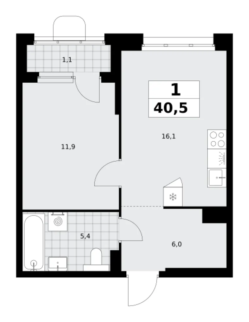 1-комн. 40.5 м²