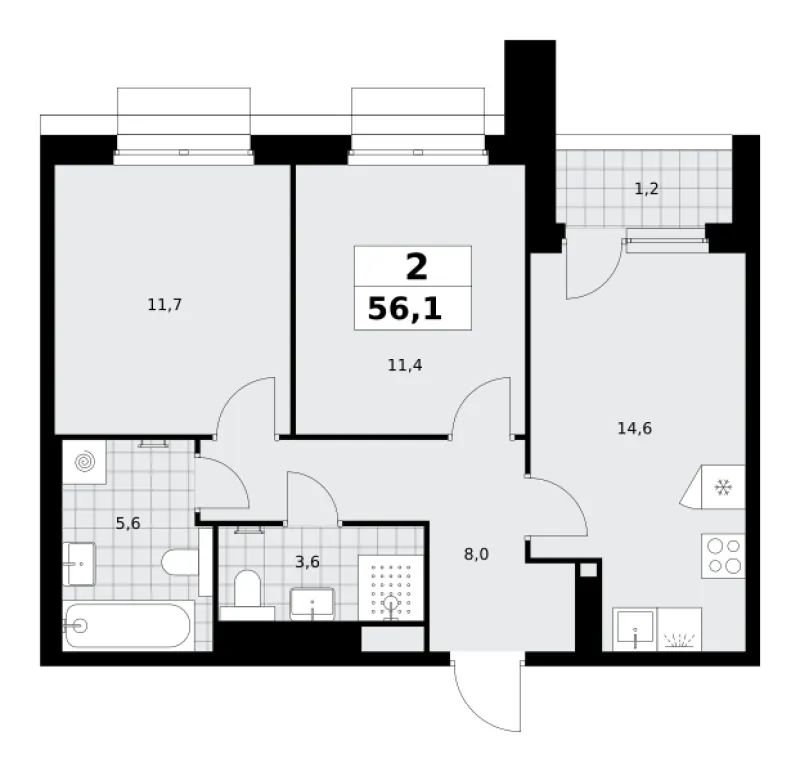2-комн. 56.1 м²