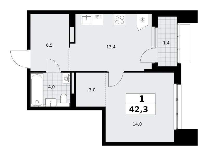 1-комн. 42.3 м²