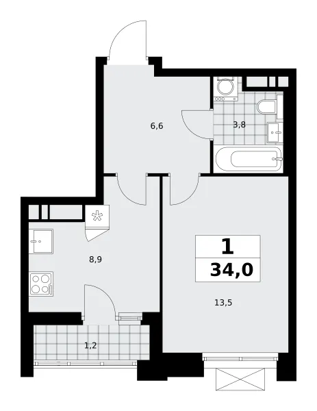 1-комн. 34 м²