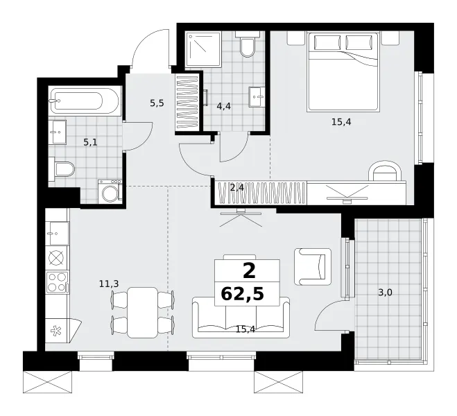 2-комн. 62.5 м²