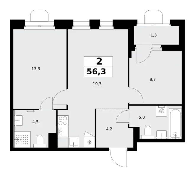 2-комн. 56.3 м²