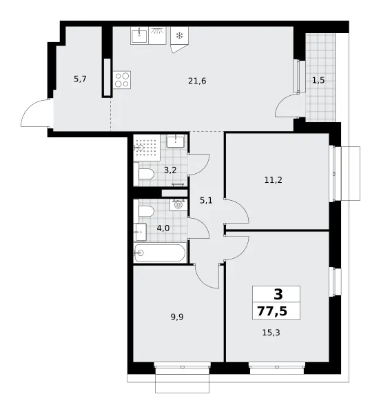 3-комн. 77.5 м²