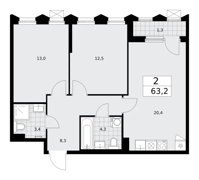 2-комн. 63.2 м²