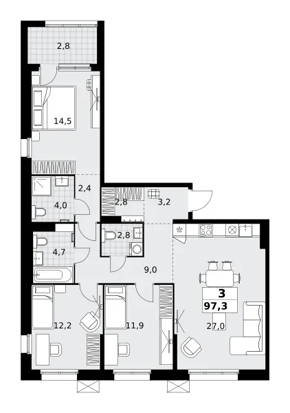 3-комн. 97.3 м²
