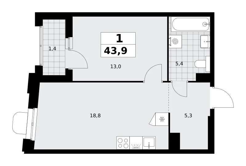 1-комн. 43.9 м²
