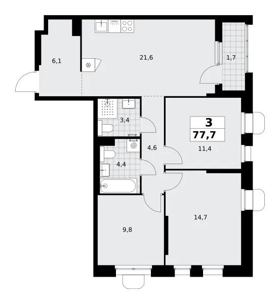 3-комн. 77.7 м²