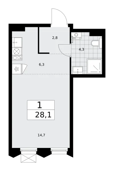 Студия 28.1 м²