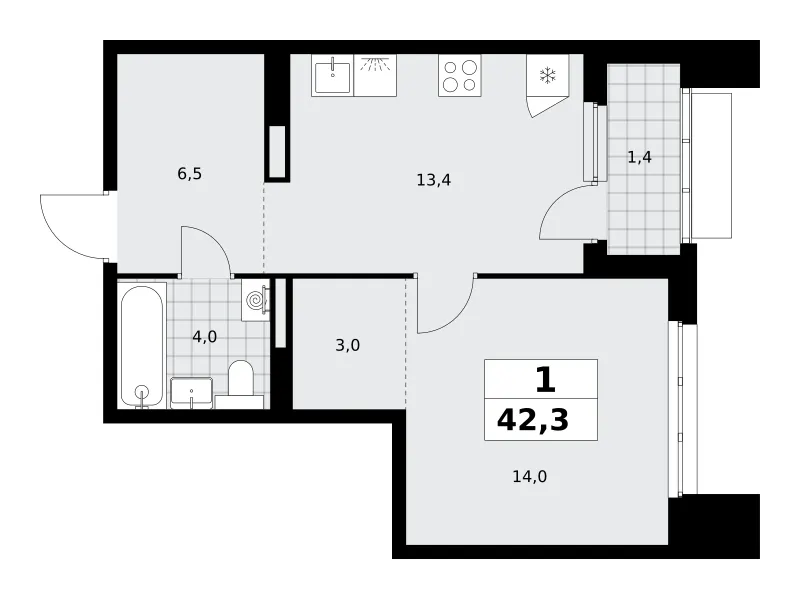 1-комн. 42.3 м²