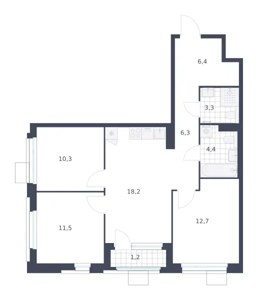 3-комн. 74.3 м²