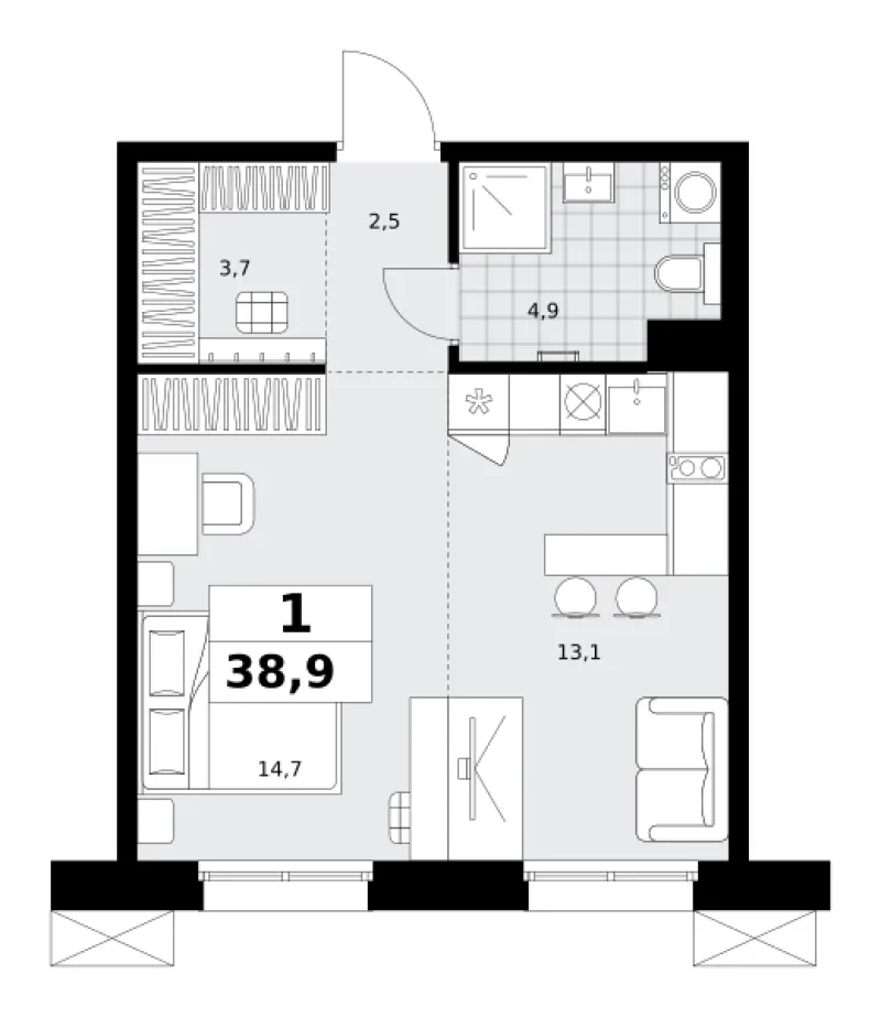 Студия 38.9 м²