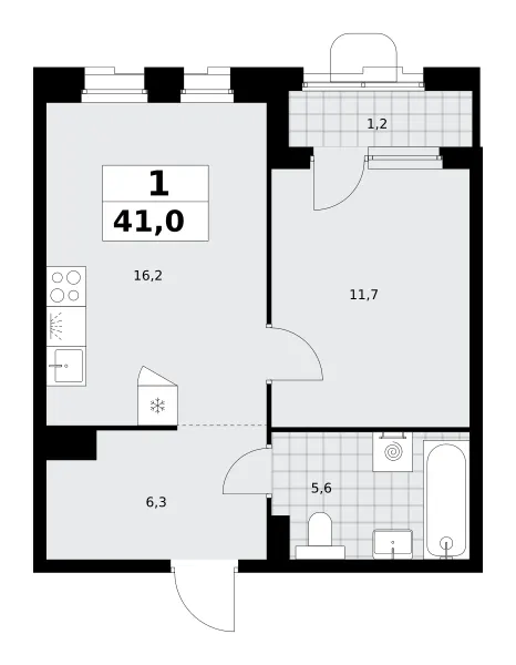 1-комн. 41 м²