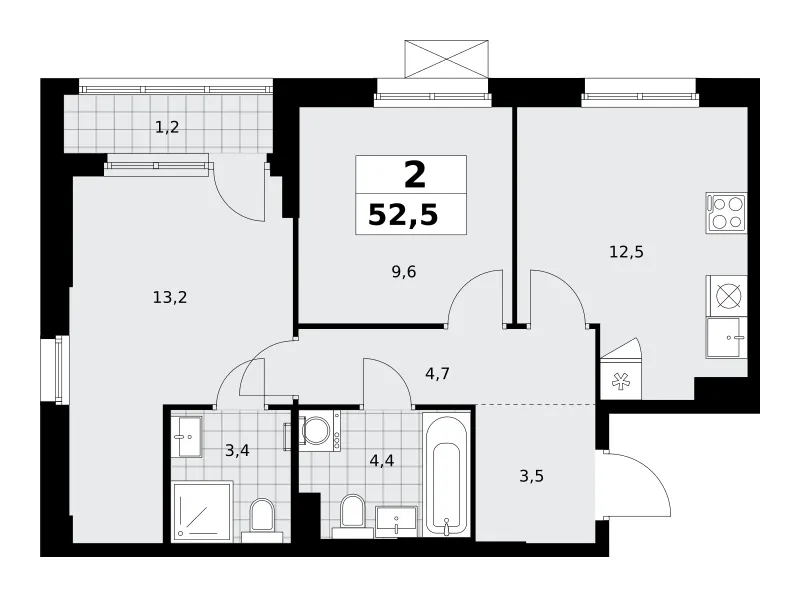 2-комн. 52.5 м²