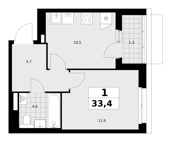 1-комн. 33.4 м²