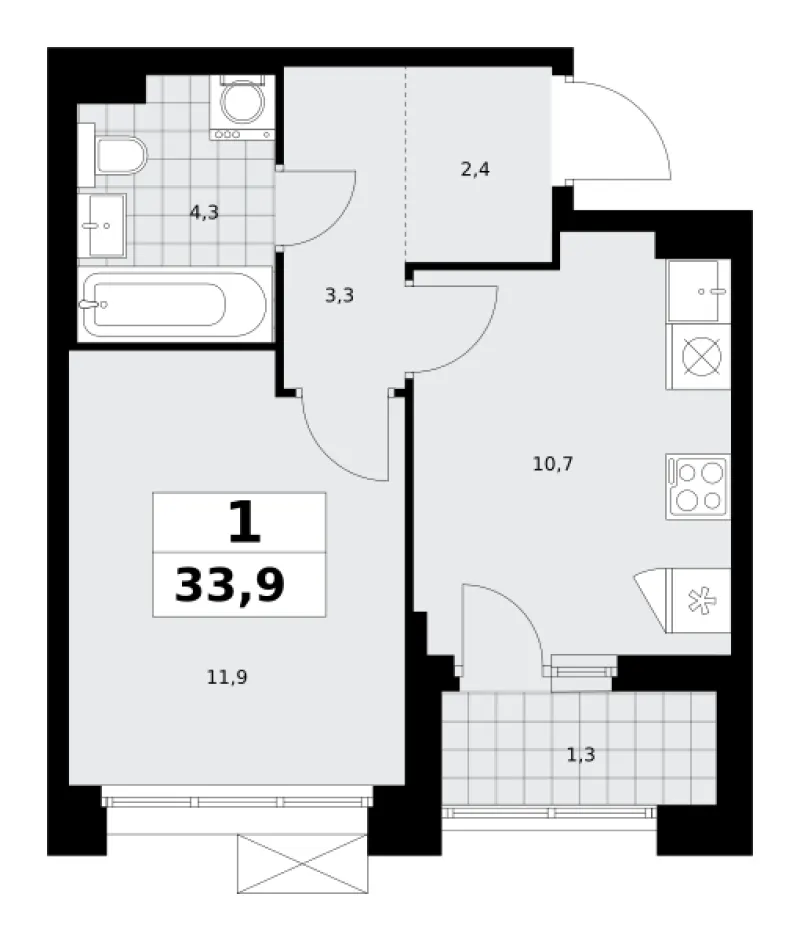 1-комн. 33.9 м²