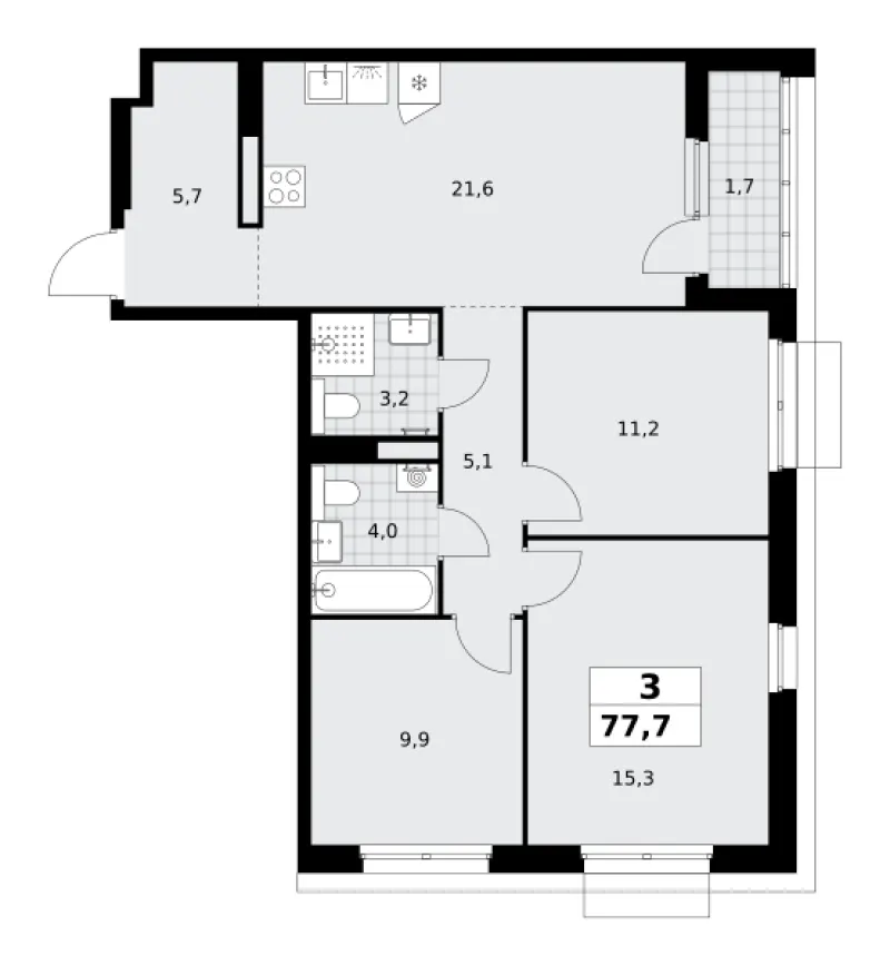 3-комн. 77.7 м²