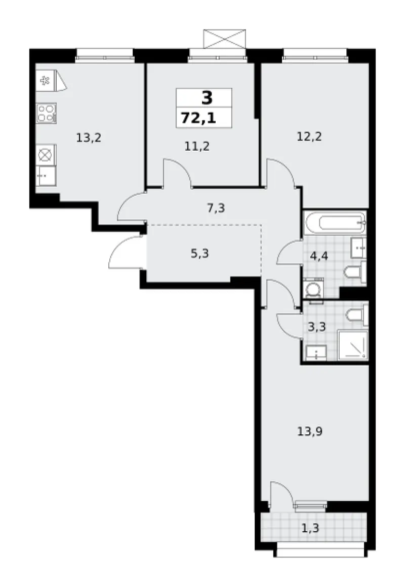 3-комн. 72.1 м²