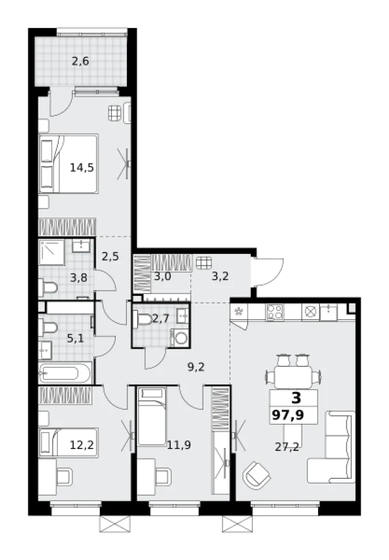 3-комн. 97.9 м²