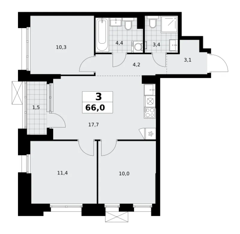 3-комн. 66 м²