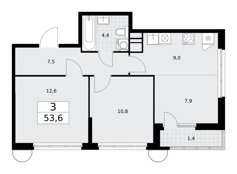3-комн. 53.6 м²