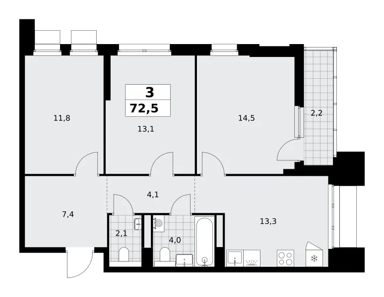 3-комн. 72.5 м²