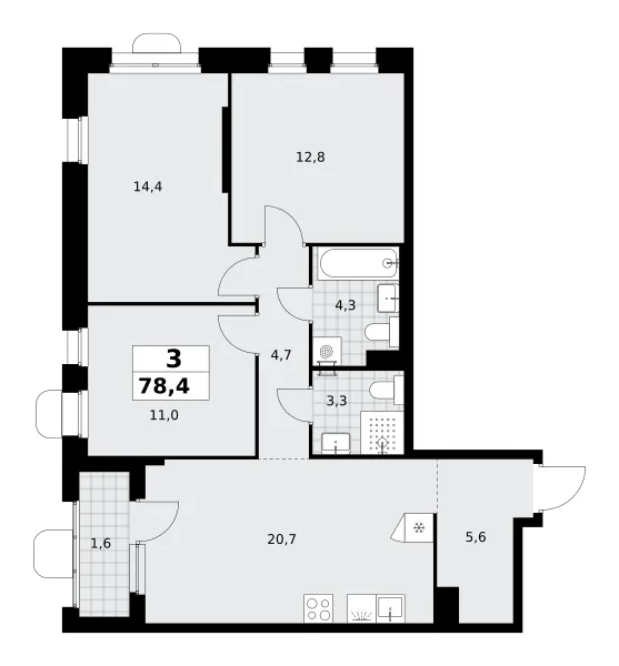 3-комн. 78.4 м²