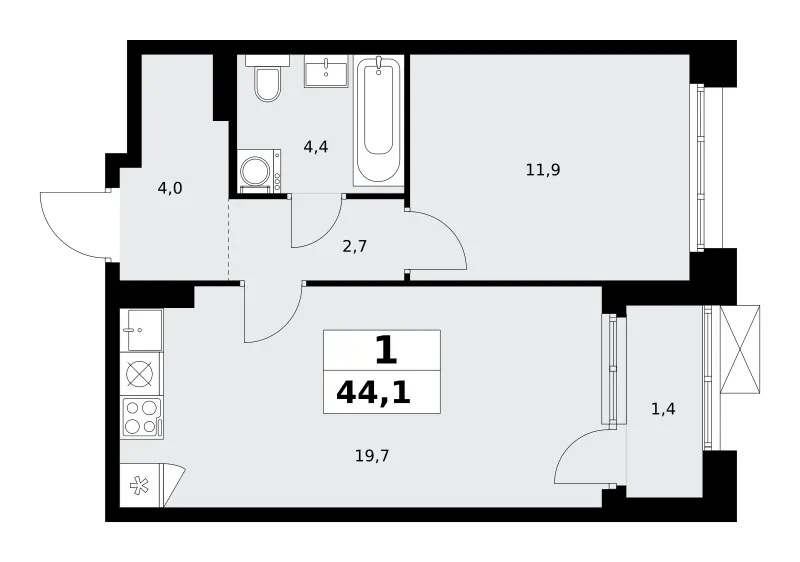 1-комн. 44.1 м²