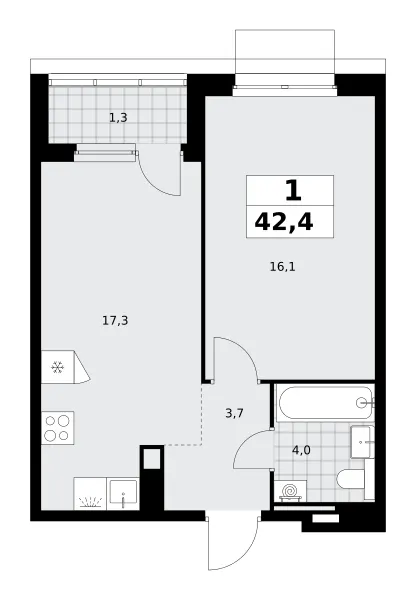1-комн. 42.4 м²