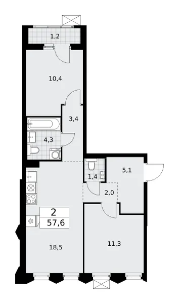2-комн. 57.6 м²