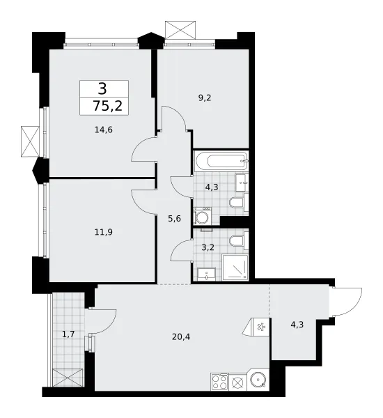 3-комн. 75.2 м²