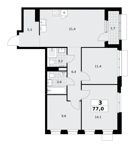3-комн. 77 м²