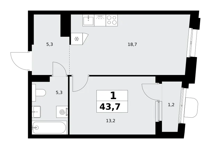 1-комн. 43.7 м²