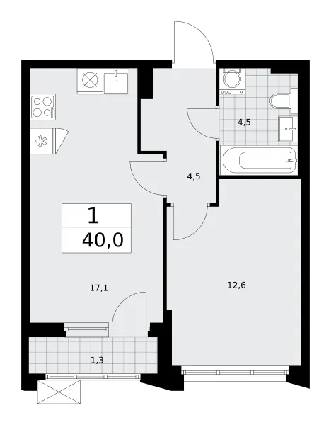 1-комн. 40 м²