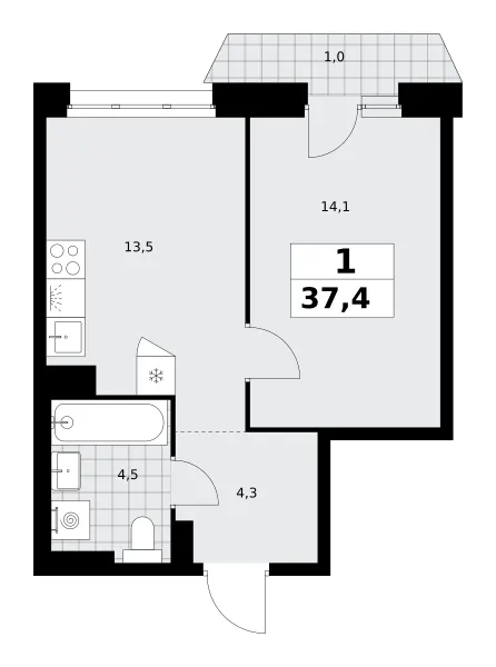 1-комн. 37.4 м²