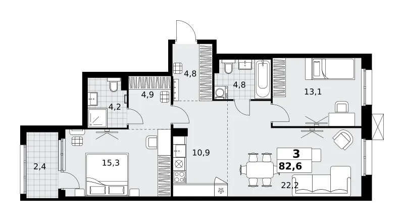 3-комн. 82.6 м²