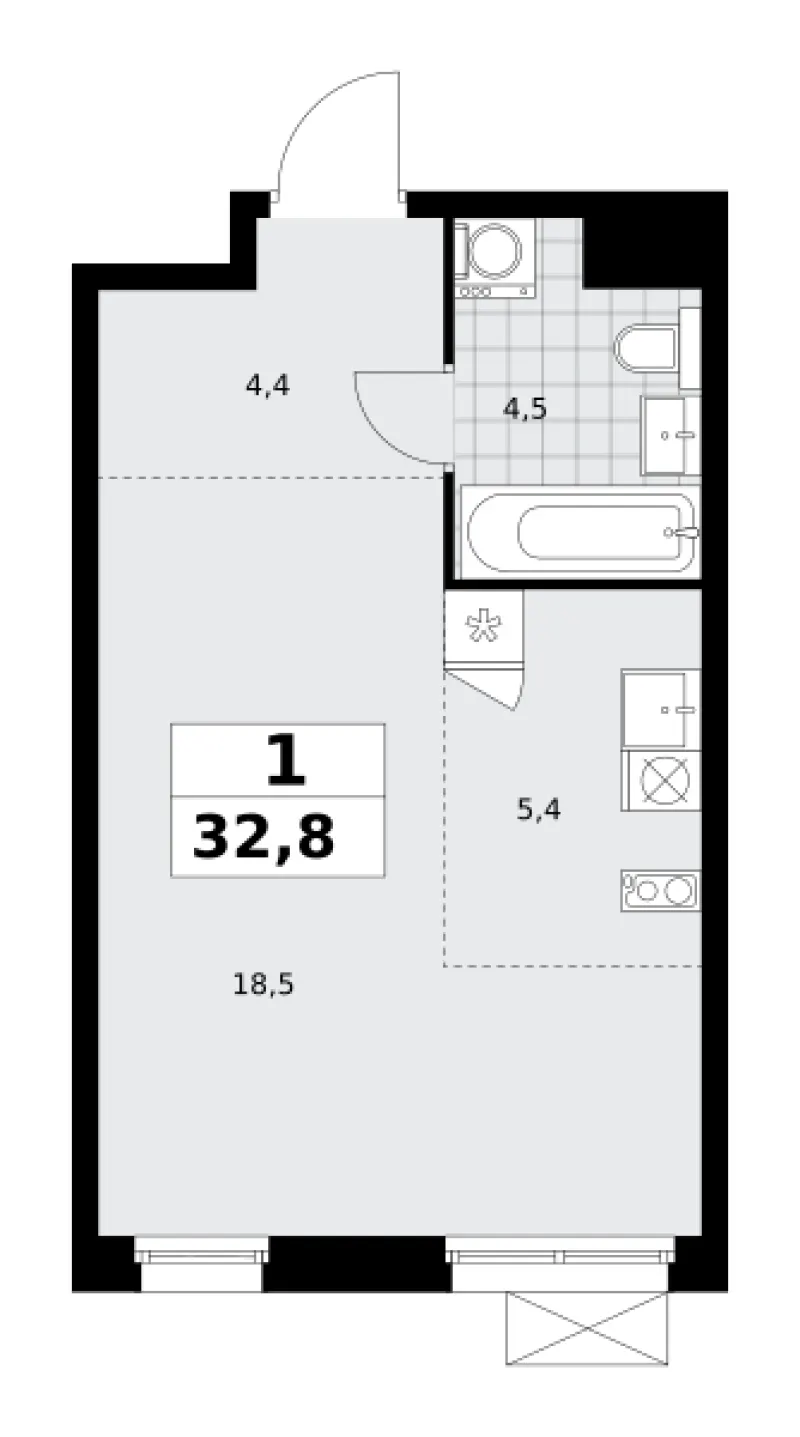 Студия 32.8 м²