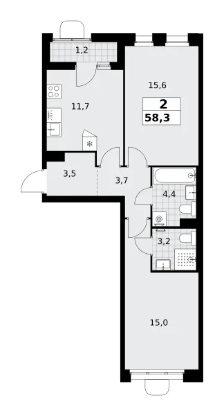 2-комн. 58.3 м²