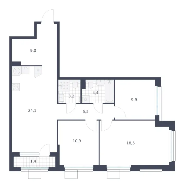 3-комн. 86.9 м²